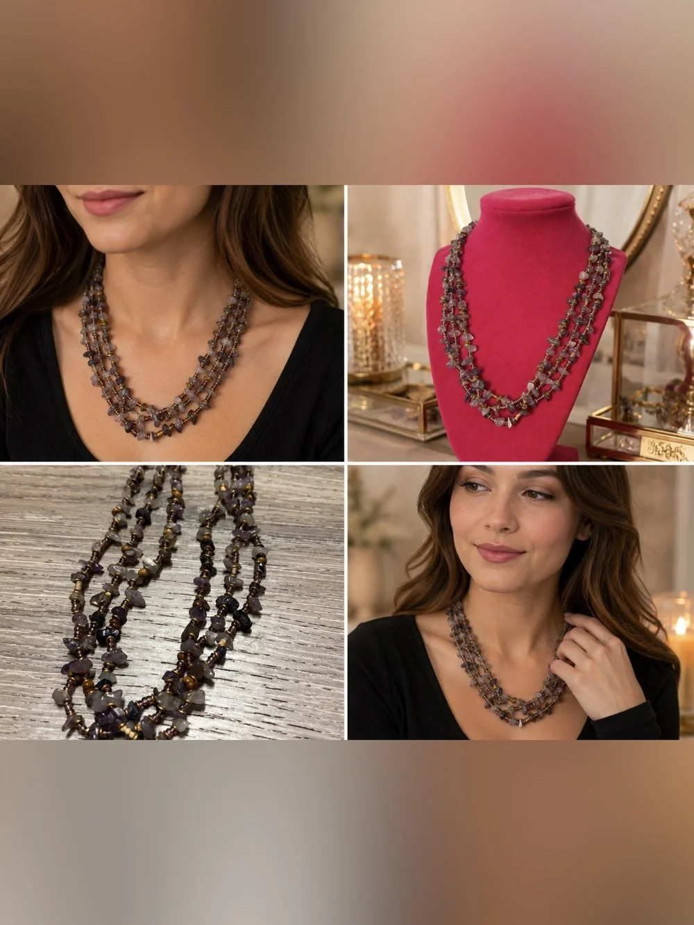 Vintage Earthy Stone & Quartz Multi-Strand Beaded Necklace | Purple Statement